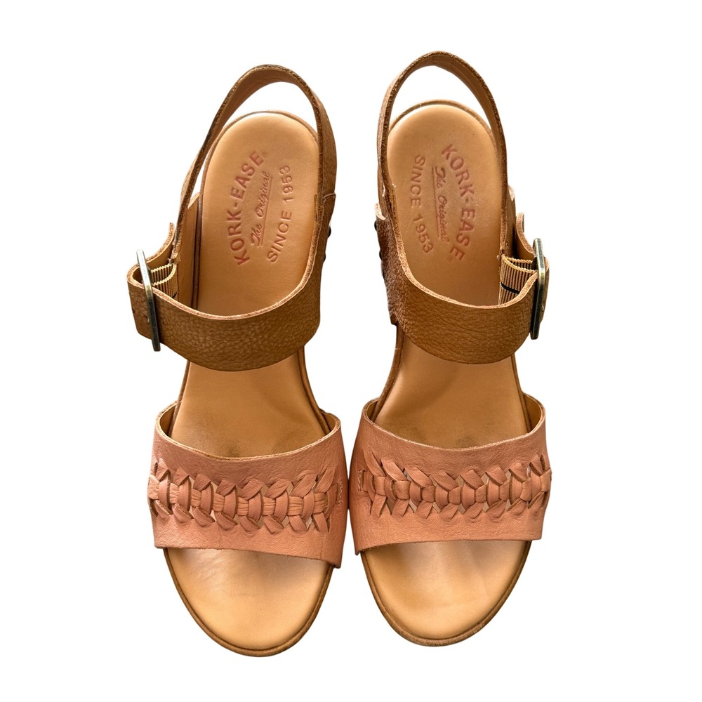 Kork Ease Leather Platform Sandals Women 8 Heels Brown Woven Strap Boho Chunky - Picture 2 of 12